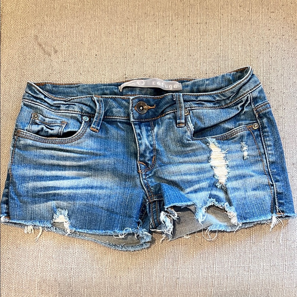Refuge Blue Distressed Jean Shorts with Frayed Hem